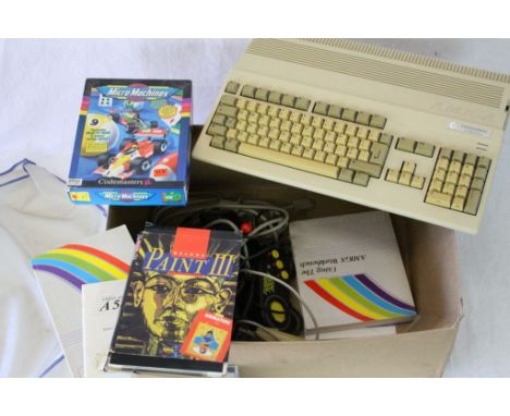 Retro Gaming - Commodore Amiga A-500 Plus console with cover, mouse, power supply, controller, 2 x joysticks, manual and inst