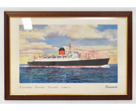  A colour lithograph image of a Cunard line titled 'Corinthia, Ivernia, Saxonia, 22,000 Tonnes', 48 x 73cm, framed and glazed