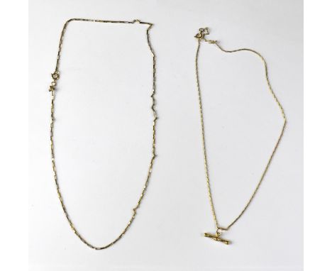 Two 9ct gold dainty necklaces, one a box link example with ring clasp, length approx 46cm, the other with T-bar pendant, leng