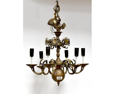 A brass six-branch electrolier with Ho Ho bird finial above six scrolls with stylised flowers, above six scrolling arms and b