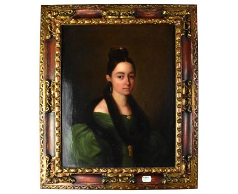 LATE 18TH/EARLY 19TH CENTURY CONTINENTAL SCHOOL; oil on canvas, half-length portrait of a lady with dark hair, wearing a volu