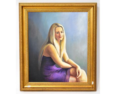 BERNARD WILLEMS (1922-2020); oil on canvas, portrait study of a young woman wearing purple dress, signed and dated '99, 60 x 