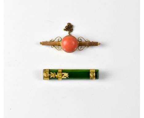 A 9ct gold bar brooch with bezel set half coral cabochon, with bracket mounts, length 6cm, together with a Chinese jade-style