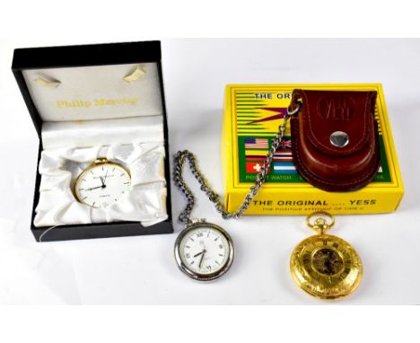 JEAN PIERRE; a gold-plated quartz half hunter pocket watch with skeletonised dial, 47mm, a boxed gold plated Philip Mercier q