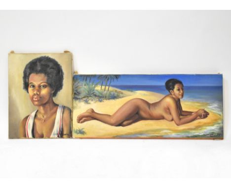 BERNARD WILLEMS (1922-2020); two oils on canvas, study of a nude female on a beach, signed and dated 1973, 31 x 71cm, and a p