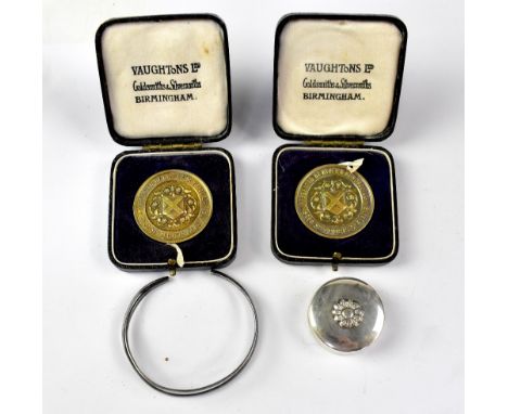 Two boxed hallmarked silver gilt medals, a sterling silver patch box and a sterling silver bangle (4).