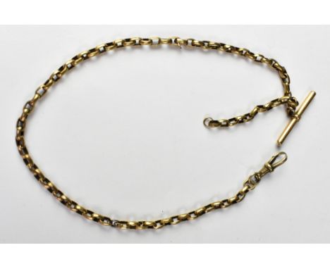 A 9ct rose gold belcher link watch chain, with T-bar and swivel clasp, length 34cm, approx 9.5g.
