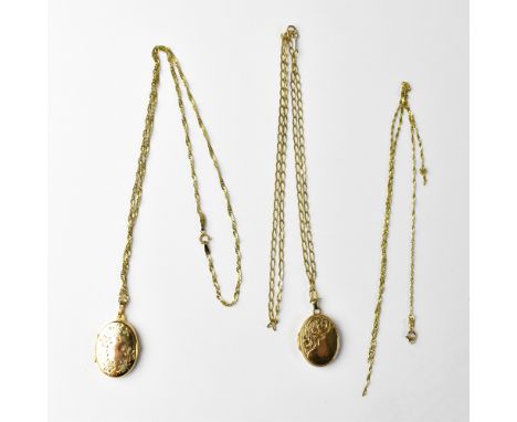 Two 9ct gold oval pendants, each with engraved decoration and on chain link necklaces, together with one other 9ct gold hallm