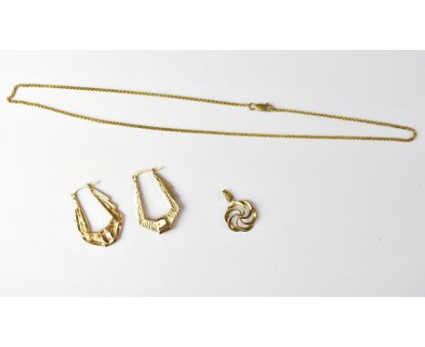 A 9ct gold pendant in the form of a swirled flower head, stamped '375', together with a 9ct gold chain necklace with lobster 