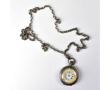 A late 19th century hallmarked Continental silver (.935) open face fob watch, the smaller white enamelled dial set with Roman