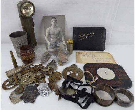 Various mixed collectibles to include an army-style torch, autograph book, a postcard depicting the boxer Randolph Turpin, be