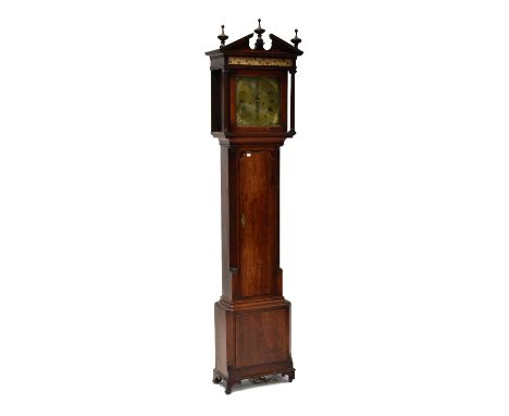 JOSEPH FINNEY OF LIVERPOOL; a George III mahogany thirty hour longcase clock, the broken arched pediment above printed linen 