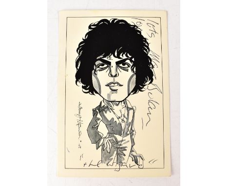 MARC BOLAN; a caricature postcard bearing the star's signature.We have not authenticated these signatures, please satisfy you