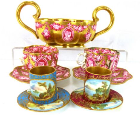 COALPORT; various mid/late 19th century painted and gilt cabinet porcelain, to include two similar miniature mugs and saucers