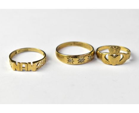 Three 9ct gold rings comprising one in the Claddagh style, size N, one inscribed 'Nan', on pierced shoulders, size R and one 