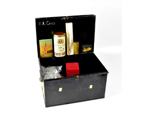 A metal tin containing various collectibles to include two gold plated pens, including a Fynepoint example, various wooden tr