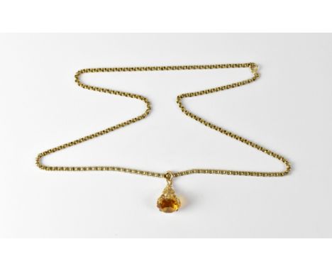 A 9ct gold belcher link chain with claw set citrine pendant, length approx 72cm, approx 21g.