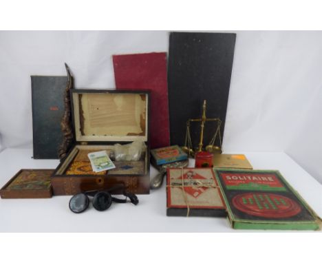 Various vintage collectibles to include an antique goat's antler, a pair of vintage welding goggles, Monopoly game, Sylabex s