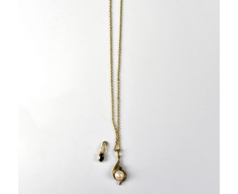 A 9ct gold dainty chain, length approx 46cm, with a cultured pearl and claw set tiny blue stone on a 9ct gold leaf-shaped pen