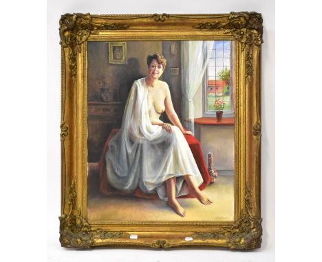 BERNARD WILLEMS (1922-2020); oil on canvas, portrait study of a scantily clad woman seated before a window, signed and dated 