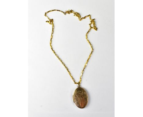 A yellow metal oval double locket mounted on a 9ct gold bar link necklace, length approx 48cm, chain approx 4.1g.