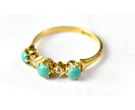 An 18ct gold ring with three turquoise beads separated with two bezel set tiny diamonds, size Q, approx 2.1g.