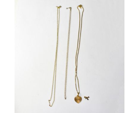 A yellow metal heart-shaped pendant with foreign hallmarks, on an 18ct box link chain, stamped '750', together with a 9ct gol
