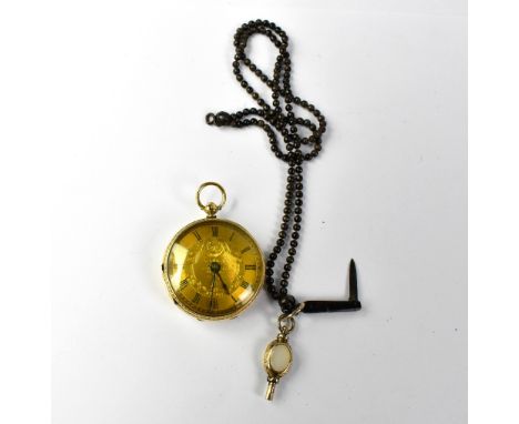 An 18ct yellow gold ladies' key wind fob watch, the gilded dial set with Roman numerals and a beaded watch chain with citrine