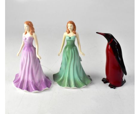 ROYAL DOULTON; a flambé ware model of a penguin, height 14.5cm, together with two figures from 'The Gemstones Collection', co