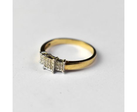 An Art Deco 9ct gold square diamond cluster ring, the central elevated square with nine tiny diamond chips, flanked by two sm