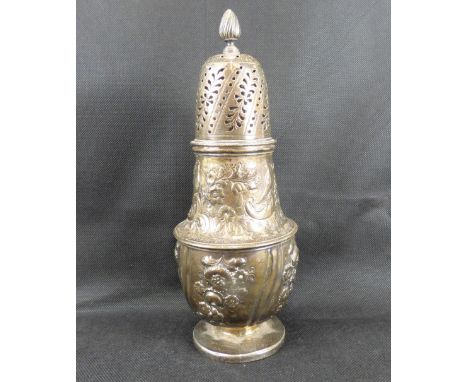 A William IV hallmarked silver large sugar caster with flame finial, pierced lid, Classical swags and floral body, on circula