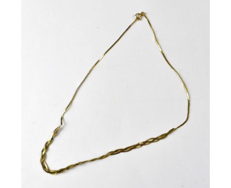 A 9ct gold necklace with double flat link drop with single chain united by hoop clasp, length approx 40cm, approx 3.1g.