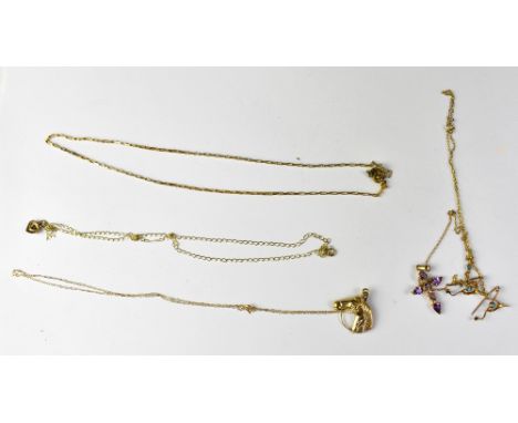 Various items of 9ct gold jewellery to include a purple stone cross pendant on chain, a small wishbone and turquoise brooch w