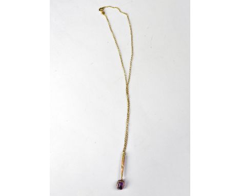 A 9ct gold dainty necklace with 9ct gold bar drop with claw set cut amethyst, length of chain approx 44cm, length of drop app