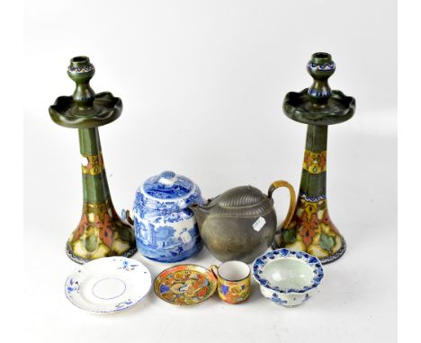 A small collection of ceramics and collectible items, to include a pair of Gouda candlesticks (af), a Spode Italian ware bisc