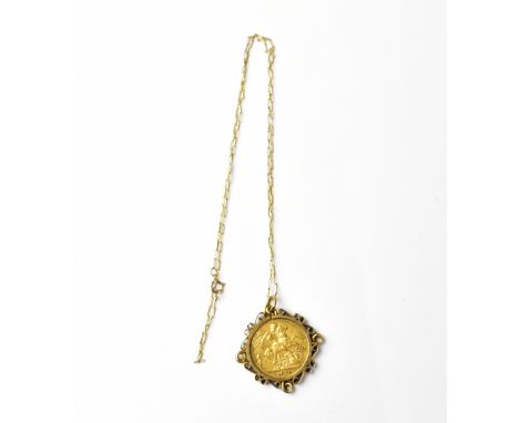 A Victorian sovereign 1876, within a 9ct gold mount, on a fine 9ct gold chain, stamped '9CT', approx 12.1g.