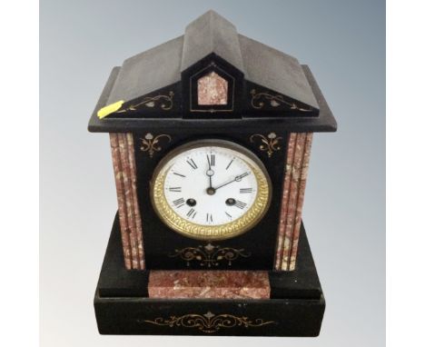 A Victorian black slate and marble eight day mantel clock with pendulum and key 
