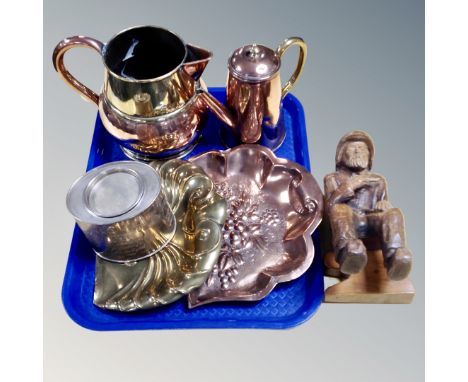 A tray of carved wooden figure of a man with pipe, antique and later metal wares, jug, crumb scoop, teapots, English tea cadd