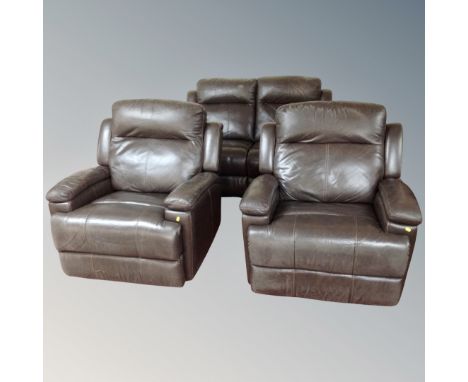 A brown leather two seater reclining settee with two matching armchairs 