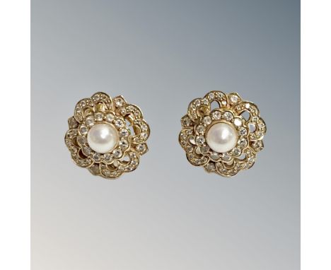 A pair of 18ct yellow gold pearl and diamond earrings, 9.6g.