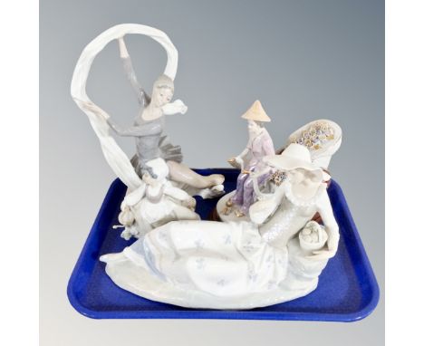 A tray of Nao figure - lady reclining, two further figures and continental figure of a man pulling a cart  CONDITION REPORT: 