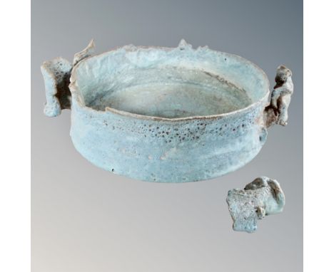 Colin Pearson (1923-2007) A stoneware twin-handled bowl in turquoise glaze, diameter 30 cm (af) CONDITION REPORT: One handle 