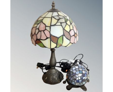A Tiffany style table lamp with leaded glass shade (Af), together with further glass table lamp in the form of a tortoise  CO