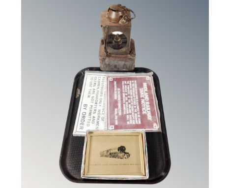 A tray of antique railway lamp, two railway notices and similar picture 