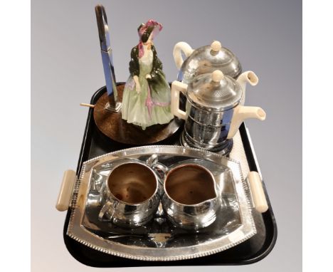 A mid century chrome table lamp with ceramic figure together with a five piece Koby Kraft tea service 