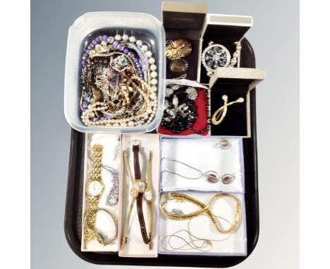 A tray of costume jewellery, John Richard brooches, beaded necklaces, pendant on chain, earring sets, wristwatches, Avia and 