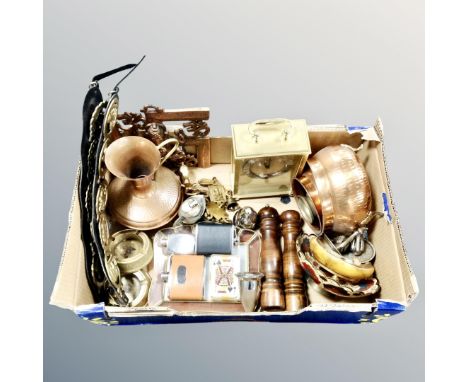 A box of horse brasses on straps, hip flasks, playing cards, pair of turned wooden salt and pepper grinders, Seiko mantel clo