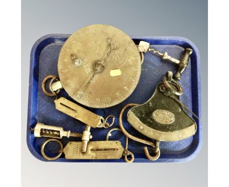 A tray of antique Salter balance and pocket scales together with two further antique corkscrews 