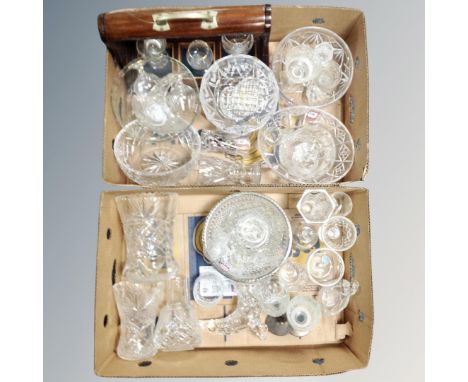 Two boxes of assorted glass ware, crystal vases, rose bowls, glasses, Tantalus etc 