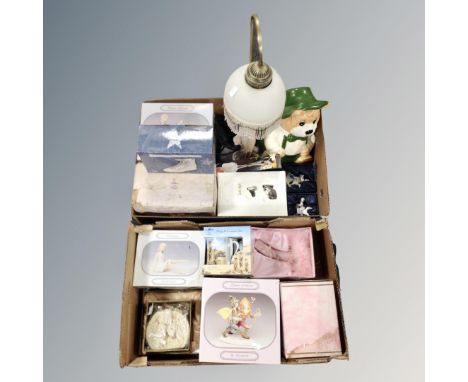 Two boxes of modern ornaments, figural lamp, china figures etc 